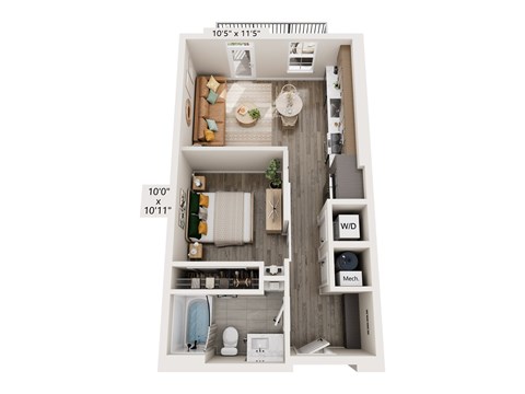 Floor plan for studio, 1 bath, 581 sqft